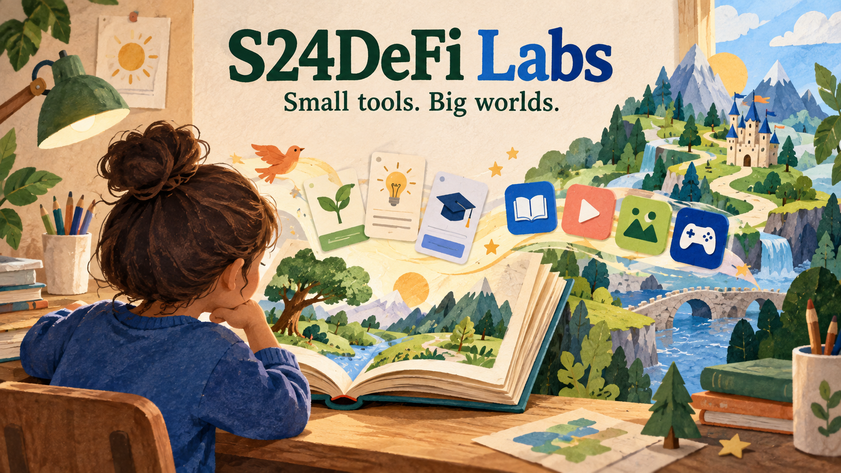 An imaginative illustration showing a storybook becoming classroom tools and a playful digital world